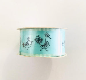 Rollo de cinta de 1 1/4¨ - Azul turquesa con adornos de pajaritos(1 yarda)